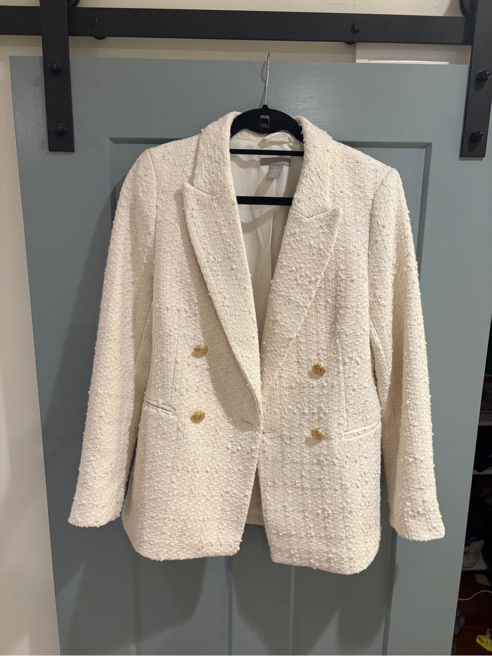 H&M Cream Bouclé Double-Breasted Blazer with Gold Buttons